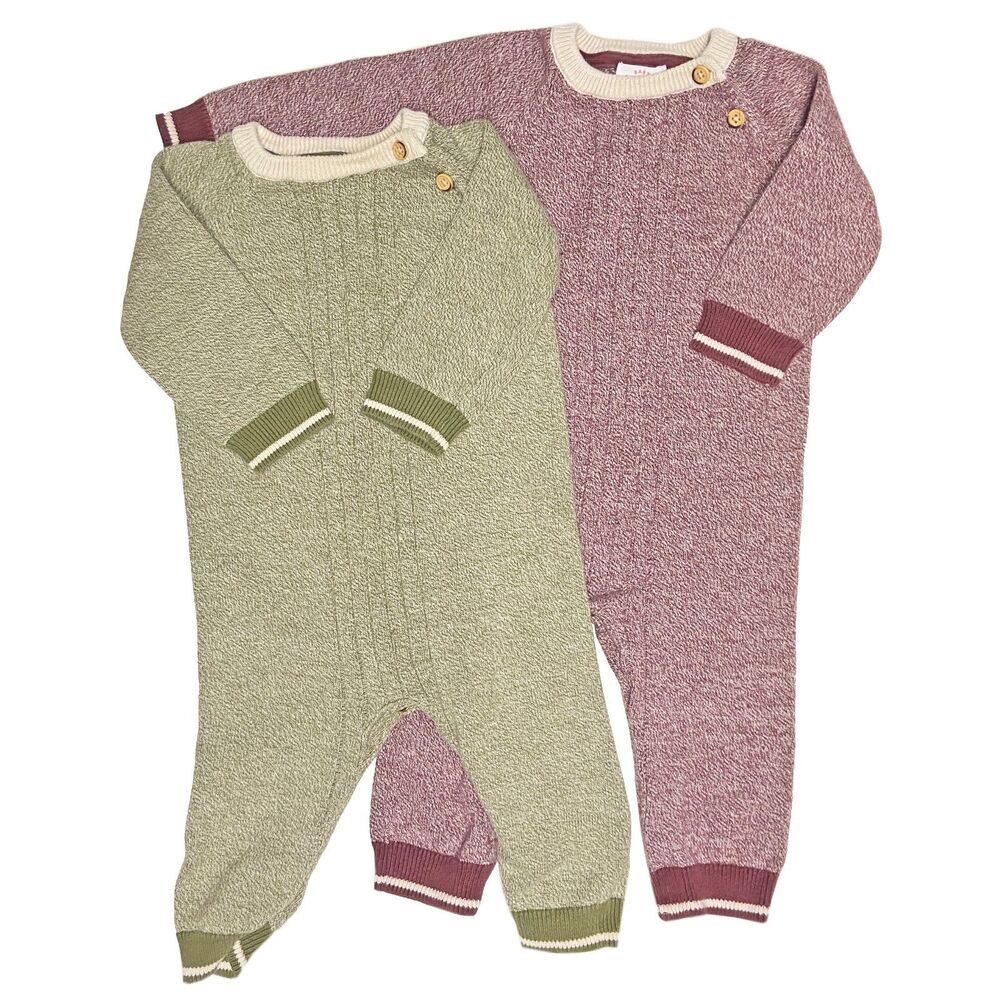 2 Cat & Jack Long Sleeve Sweater Rompers Size 6-9 Months Green Maroon Marled